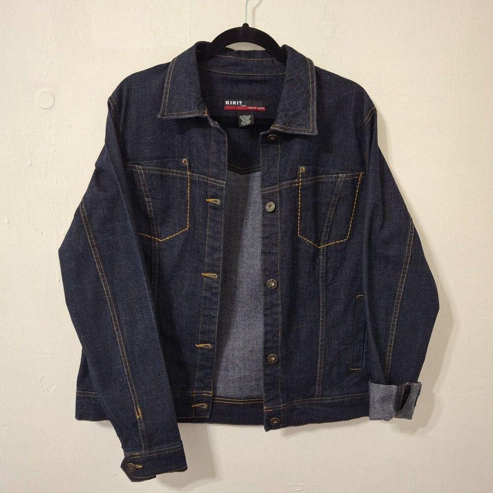 Kikit Dark Wash Denim Trucker Jkt Indigo Gold Stitch Womens Large Western EUC